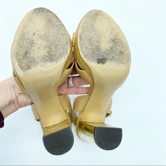 Salvatore Ferragamo Gold Block Heel Leather Sandals - Picture 9 of 11